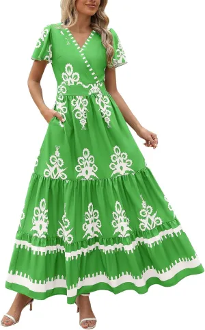 Womens Boho Floral Summer Maxi Dress Casual Aline V Neck Bell Sleeve Tiered Flowy Dresses for Women 2025