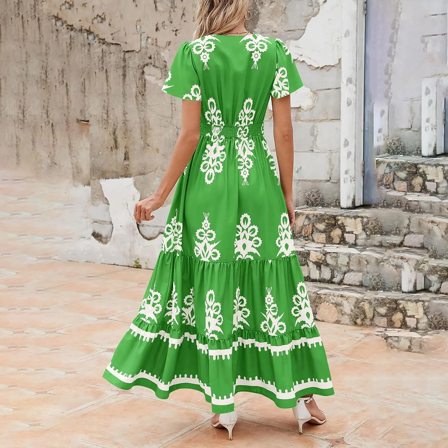 Womens Boho Floral Summer Maxi Dress Casual Aline V Neck Bell Sleeve Tiered Flowy Dresses for Women 2025