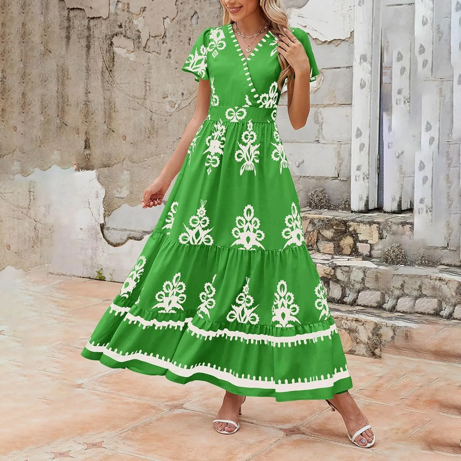 Womens Boho Floral Summer Maxi Dress Casual Aline V Neck Bell Sleeve Tiered Flowy Dresses for Women 2025
