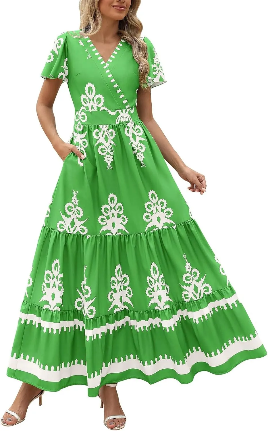 Womens Boho Floral Summer Maxi Dress Casual Aline V Neck Bell Sleeve Tiered Flowy Dresses for Women 2025