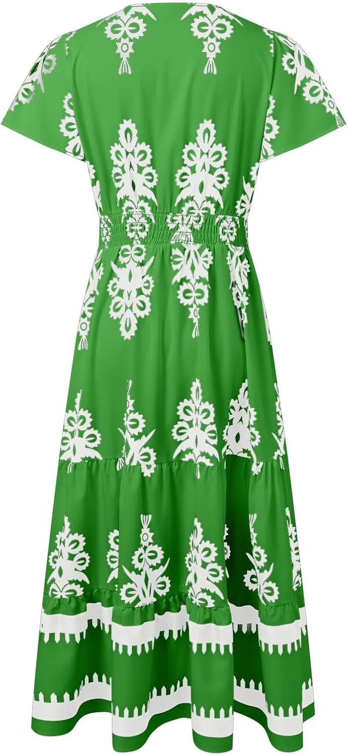 Womens Boho Floral Summer Maxi Dress Casual Aline V Neck Bell Sleeve Tiered Flowy Dresses for Women 2025
