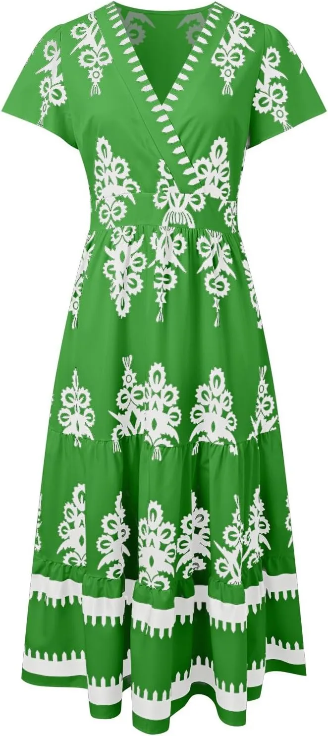 Womens Boho Floral Summer Maxi Dress Casual Aline V Neck Bell Sleeve Tiered Flowy Dresses for Women 2025
