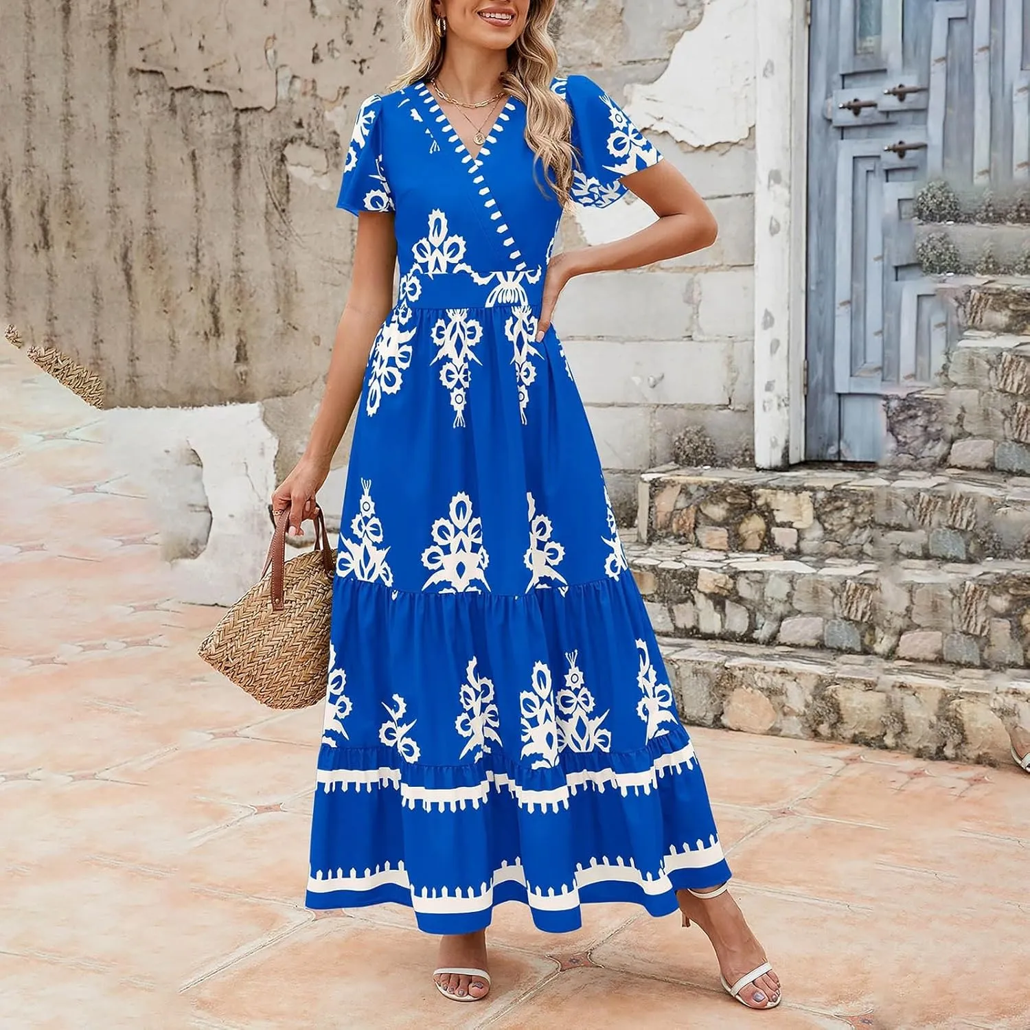 Womens Boho Floral Summer Maxi Dress Casual V Neck Aline Bell Sleeve Tiered Flowy Dresses for Women 2025