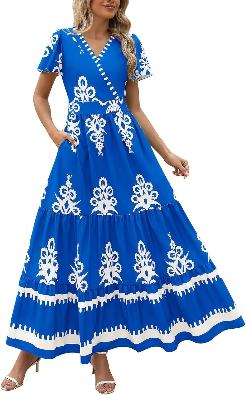 Womens Boho Floral Summer Maxi Dress Casual V Neck Aline Bell Sleeve Tiered Flowy Dresses for Women 2025
