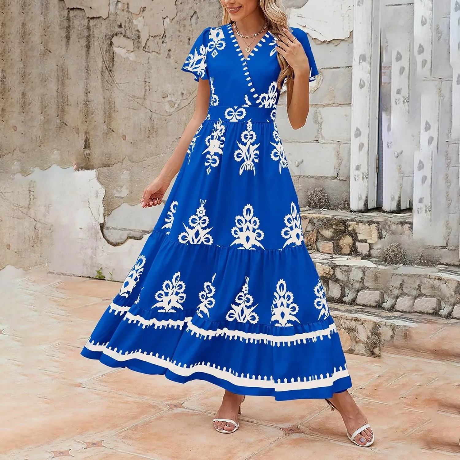 Womens Boho Floral Summer Maxi Dress Casual V Neck Aline Bell Sleeve Tiered Flowy Dresses for Women 2025