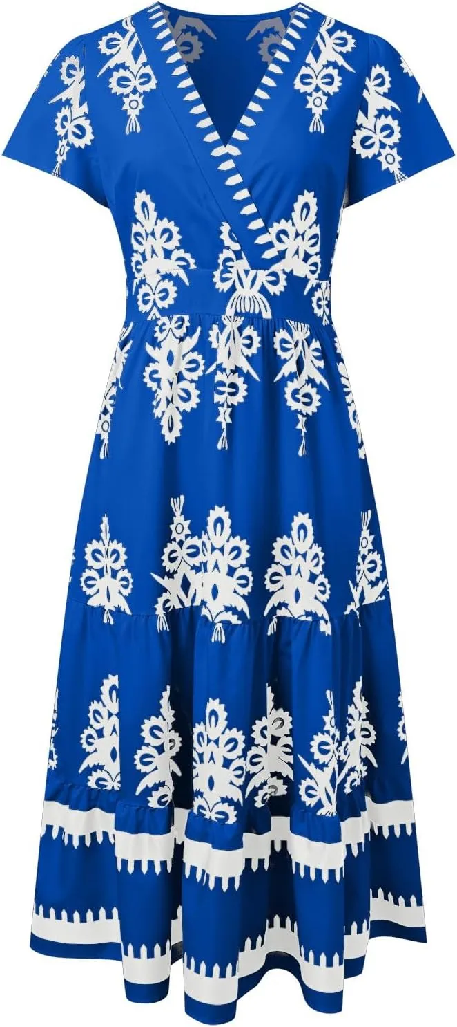 Womens Boho Floral Summer Maxi Dress Casual V Neck Aline Bell Sleeve Tiered Flowy Dresses for Women 2025