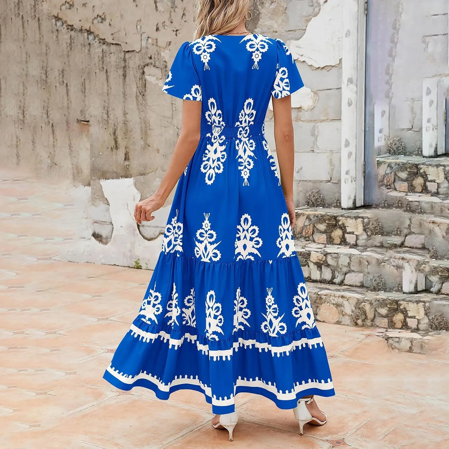 Womens Boho Floral Summer Maxi Dress Casual V Neck Aline Bell Sleeve Tiered Flowy Dresses for Women 2025