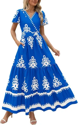 Womens Boho Floral Summer Maxi Dress Casual V Neck Aline Bell Sleeve Tiered Flowy Dresses for Women 2025
