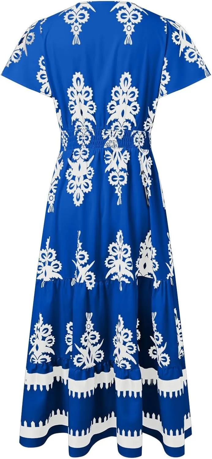 Womens Boho Floral Summer Maxi Dress Casual V Neck Aline Bell Sleeve Tiered Flowy Dresses for Women 2025