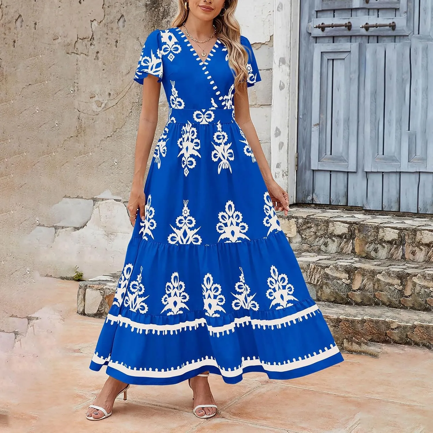 Womens Boho Floral Summer Maxi Dress Casual V Neck Aline Bell Sleeve Tiered Flowy Dresses for Women 2025