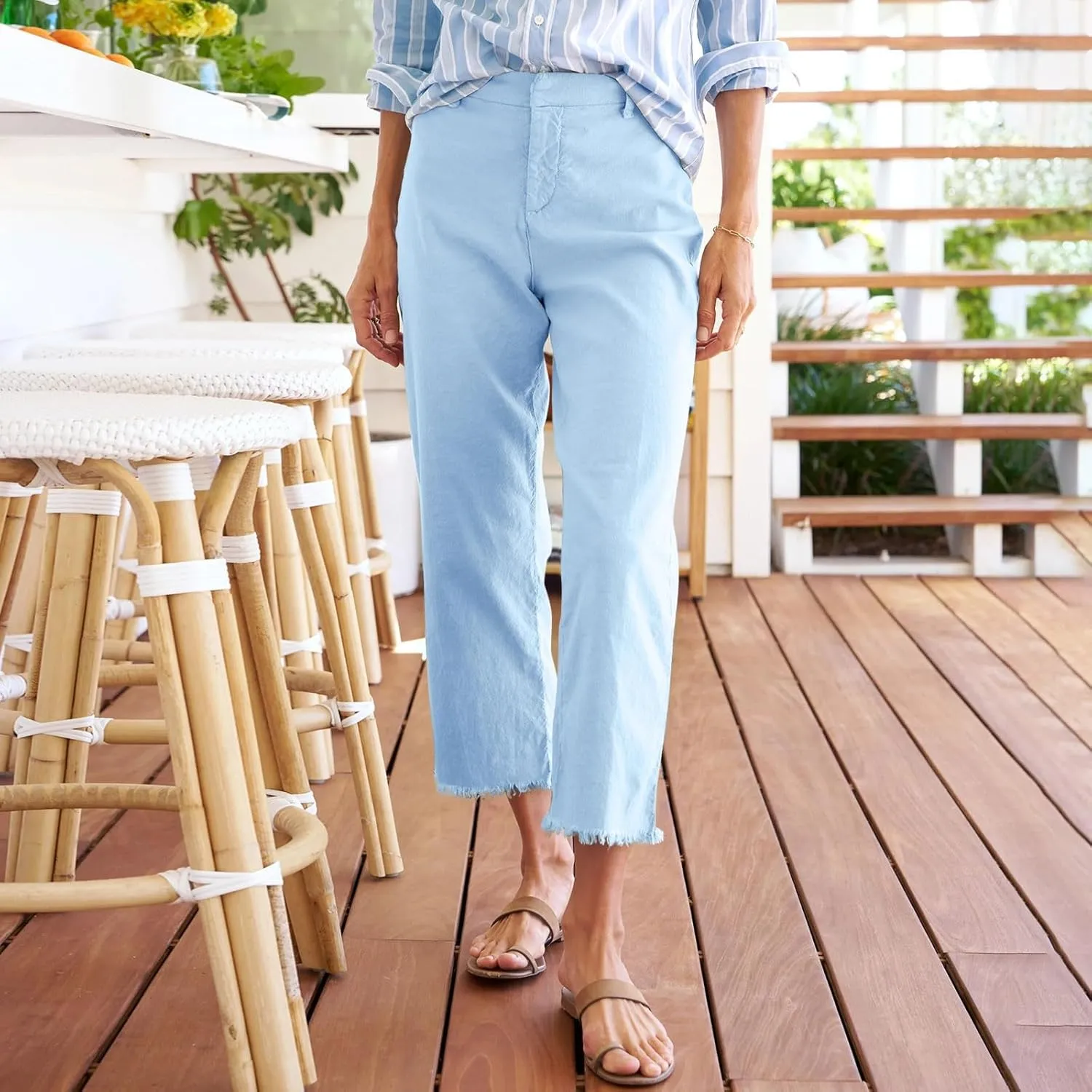 Womens Cargo Pants, Straight Leg Casual Pants Breathable Linen Peasant Print Plaid
