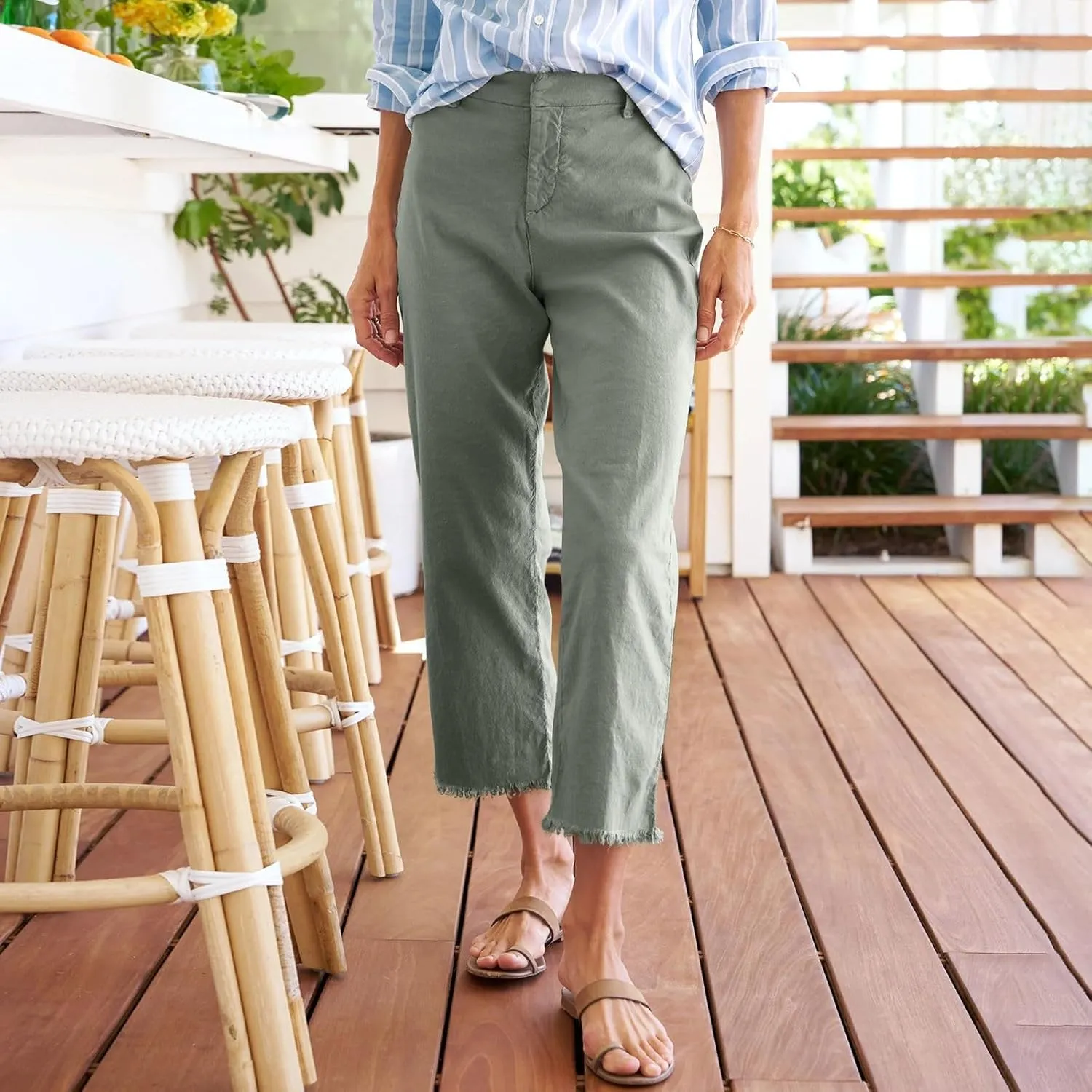 Womens Cargo Pants, Straight Leg Casual Pants Breathable Linen Peasant Print Plaid