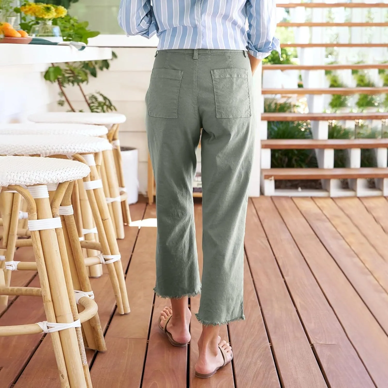 Womens Cargo Pants, Straight Leg Casual Pants Breathable Linen Peasant Print Plaid