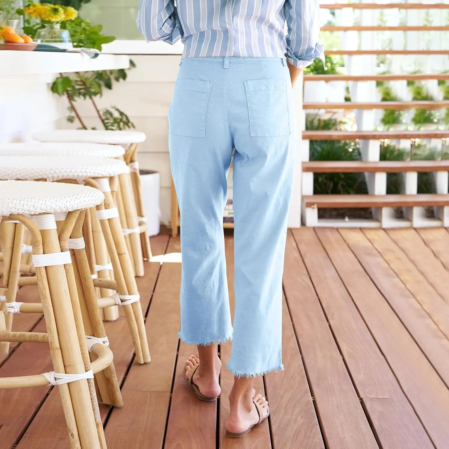 Womens Cargo Pants, Straight Leg Casual Pants Breathable Linen Peasant Print Plaid