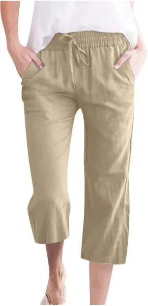 Womens Casual Capri Linen Pants Elastic High Waist Summer Drawstring Pant Straight Wide Leg Cropped Trouser