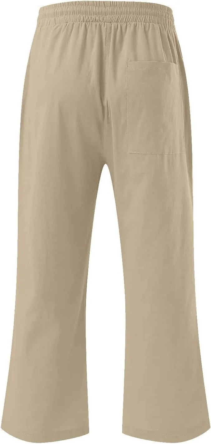 Womens Casual Capri Linen Pants Elastic High Waist Summer Drawstring Pant Straight Wide Leg Cropped Trouser