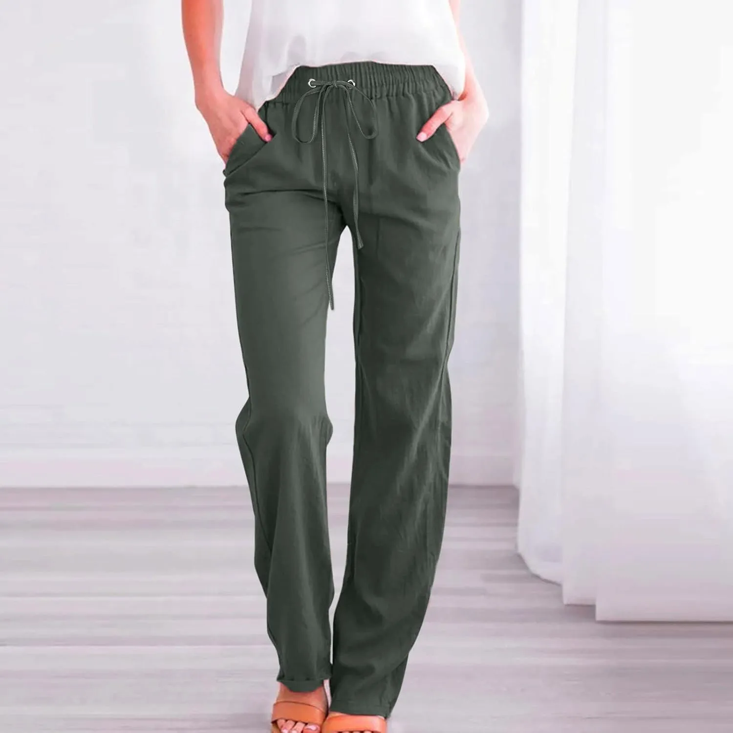 Women's Casual Cotton Linen Pants Summer Relax Fit Elastic Waist Straight Leg Comfy Solid Lounge Long Trouser with Pockets