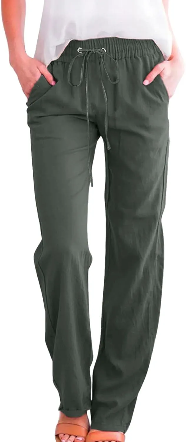 Women's Casual Cotton Linen Pants Summer Relax Fit Elastic Waist Straight Leg Comfy Solid Lounge Long Trouser with Pockets