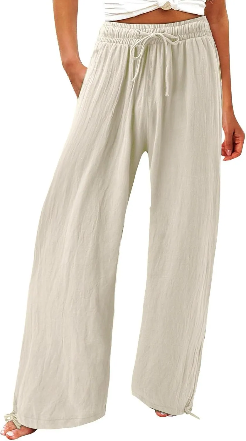 Womens Casual Linen Pants 2025 Lightweight Trendy Summer Relax Fit Elastic Waist Long Palazzo Trousers Plus Size