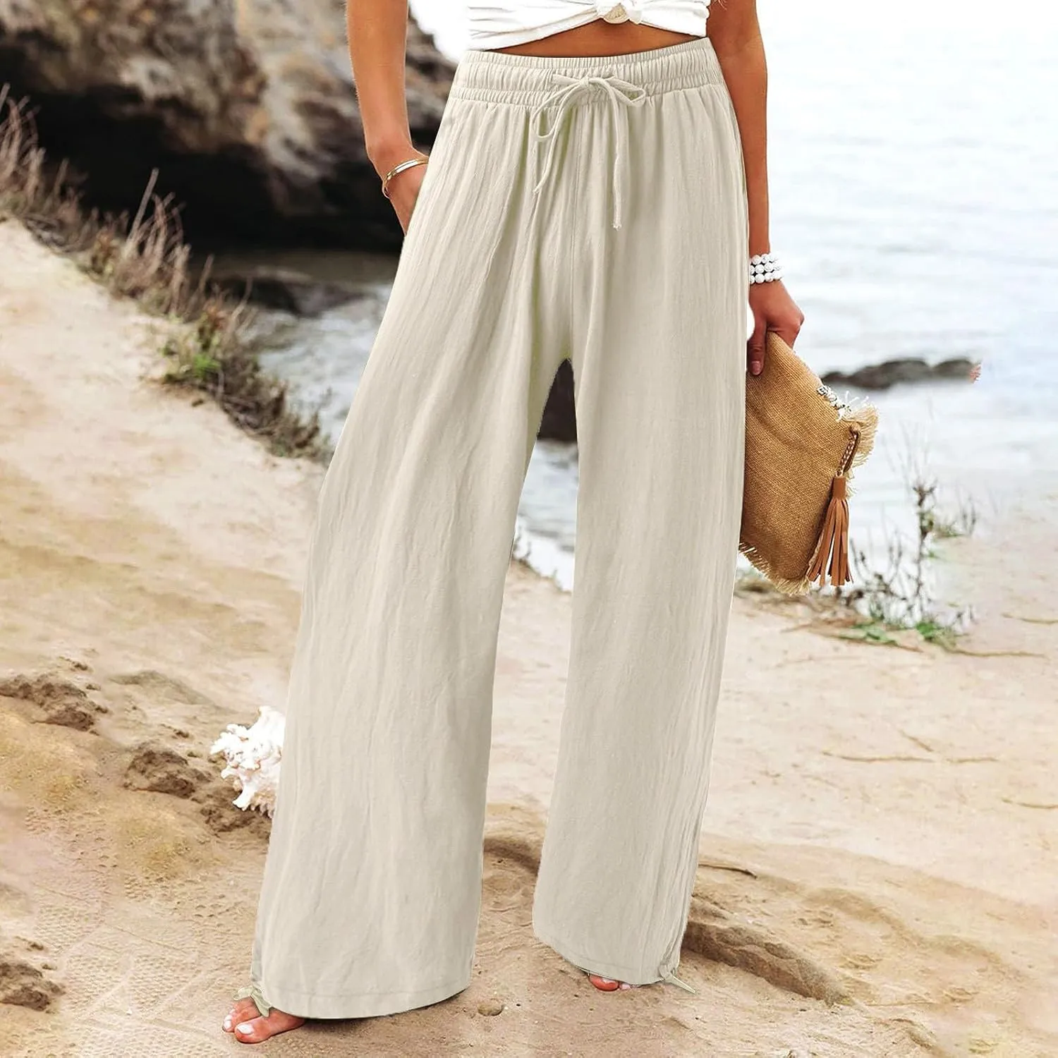 Womens Casual Linen Pants 2025 Lightweight Trendy Summer Relax Fit Elastic Waist Long Palazzo Trousers Plus Size