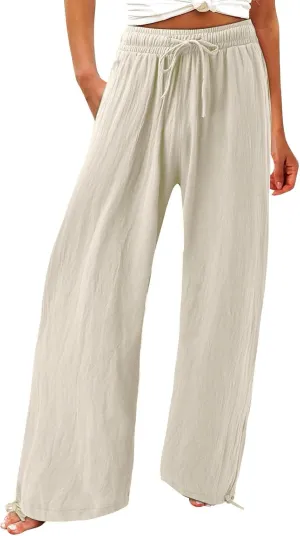 Womens Casual Linen Pants 2025 Lightweight Trendy Summer Relax Fit Elastic Waist Long Palazzo Trousers Plus Size