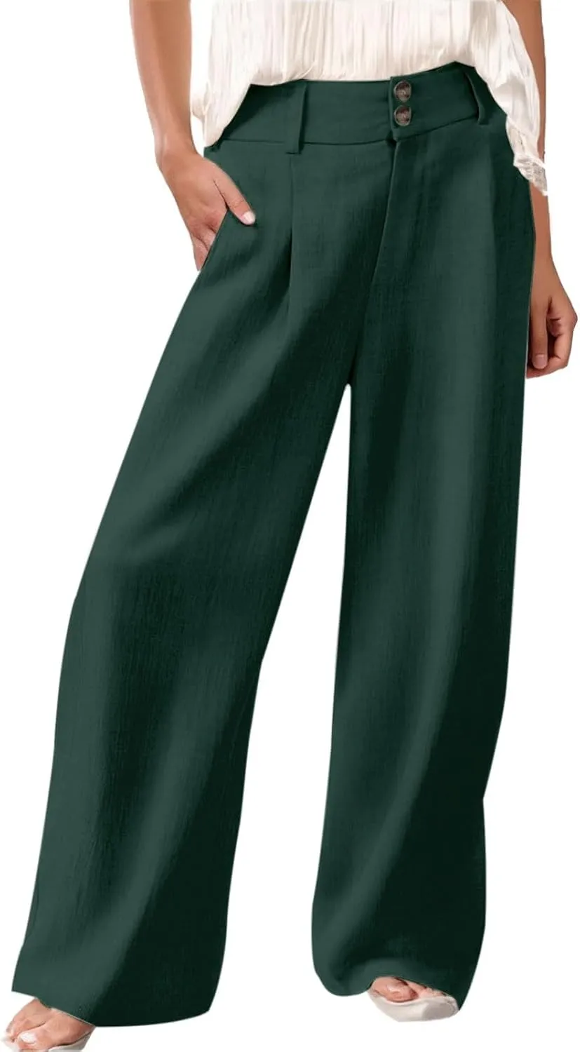 Women's Casual Pants High Waist Front Button Wide Leg Trousers Loose Fit Cool Comfy Summer Palazzo Pants with Pockets