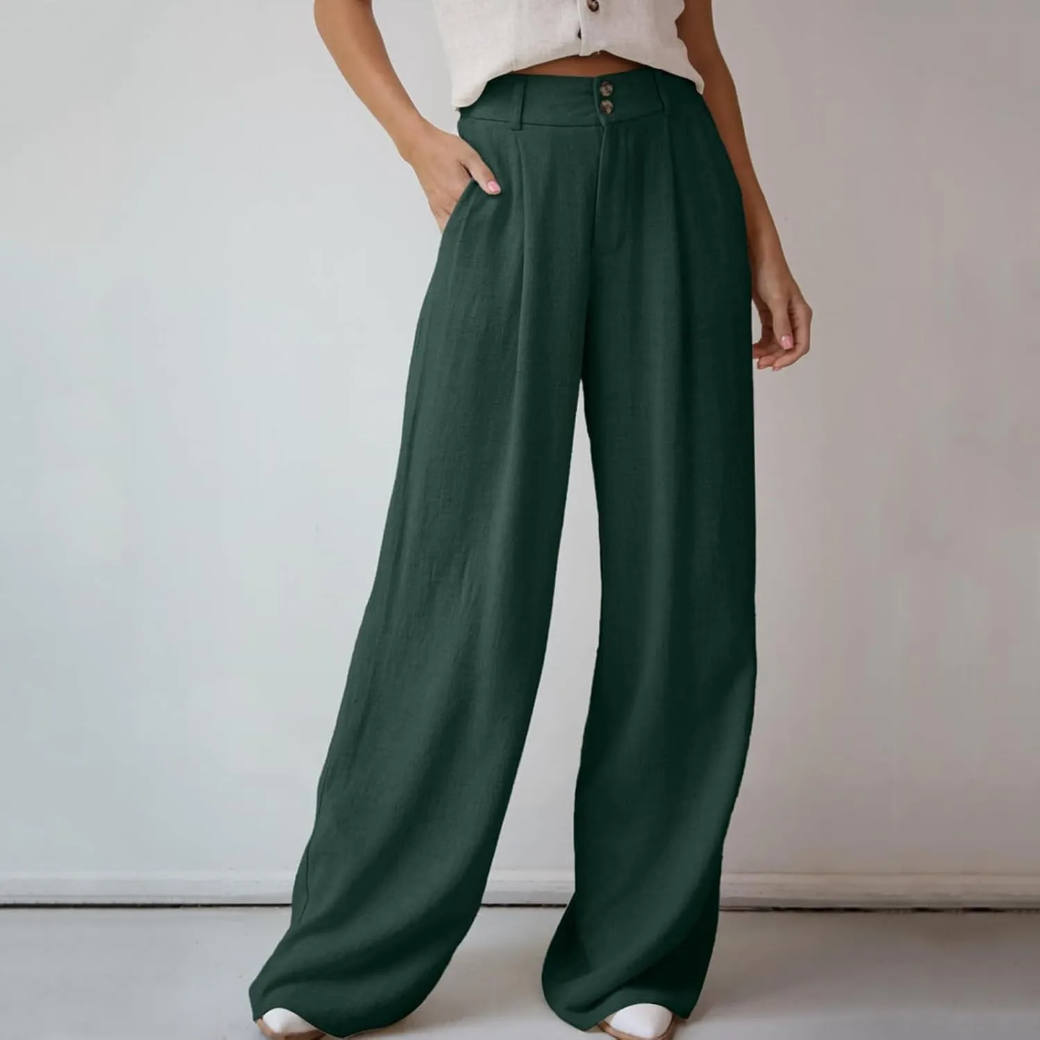 Women's Casual Pants High Waist Front Button Wide Leg Trousers Loose Fit Cool Comfy Summer Palazzo Pants with Pockets