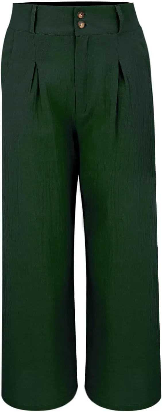 Women's Casual Pants High Waist Front Button Wide Leg Trousers Loose Fit Cool Comfy Summer Palazzo Pants with Pockets