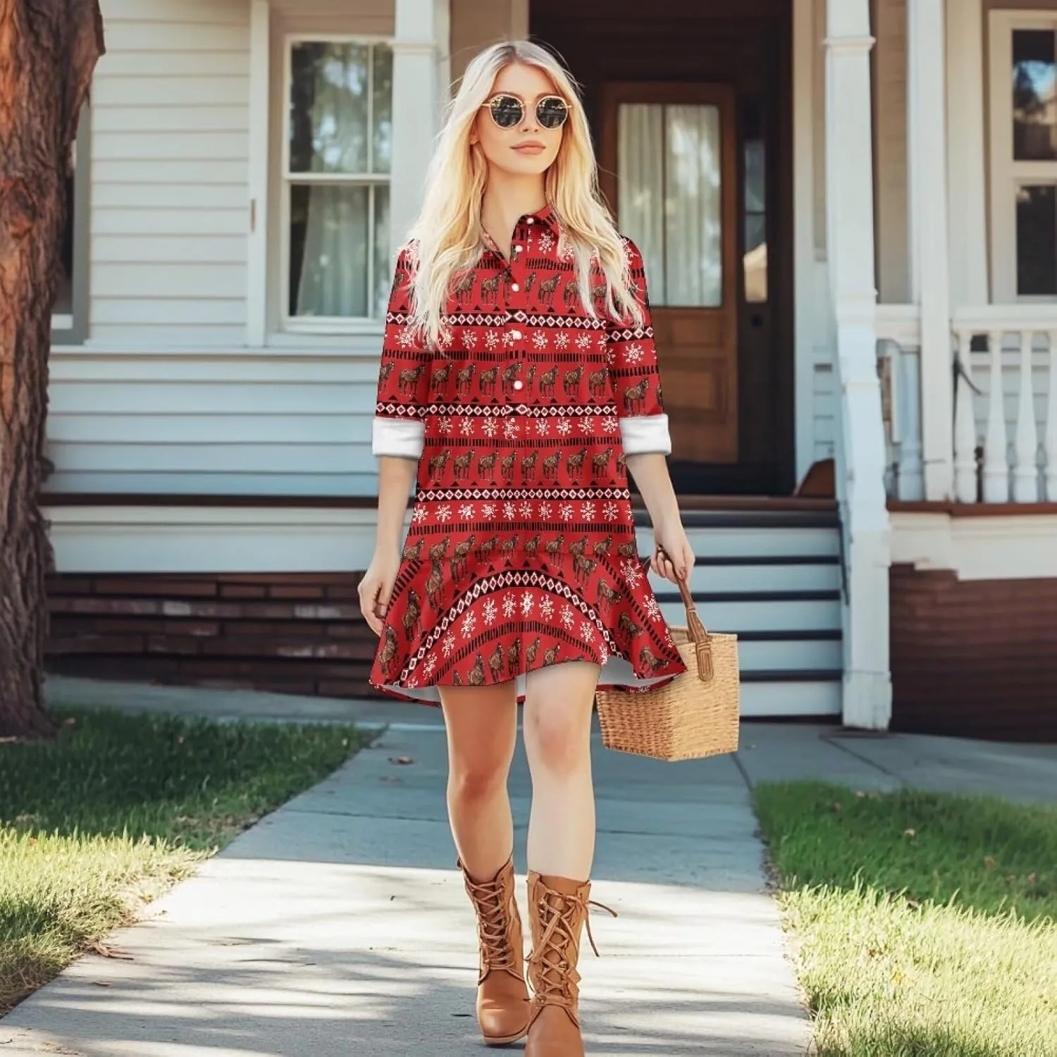 Women's Casual Shirt Mini Dress Long Sleeve Button Up Ruffle Hem Shift Dresses Loose Fashion Flowy Swing Hem