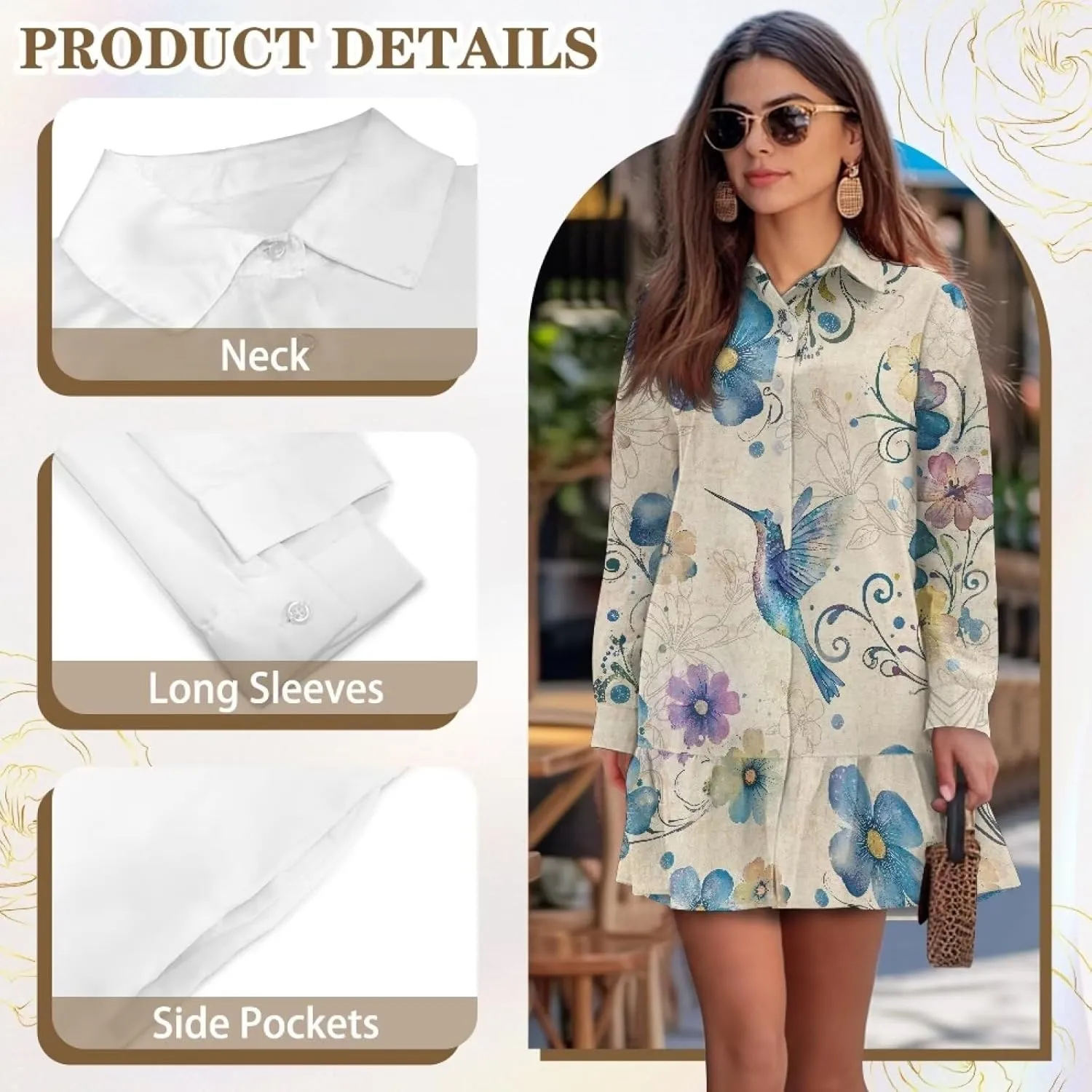 Women's Casual Shirt Mini Dress Long Sleeve Button Up Ruffle Hem Shift Dresses Loose Fashion Flowy Swing Hem