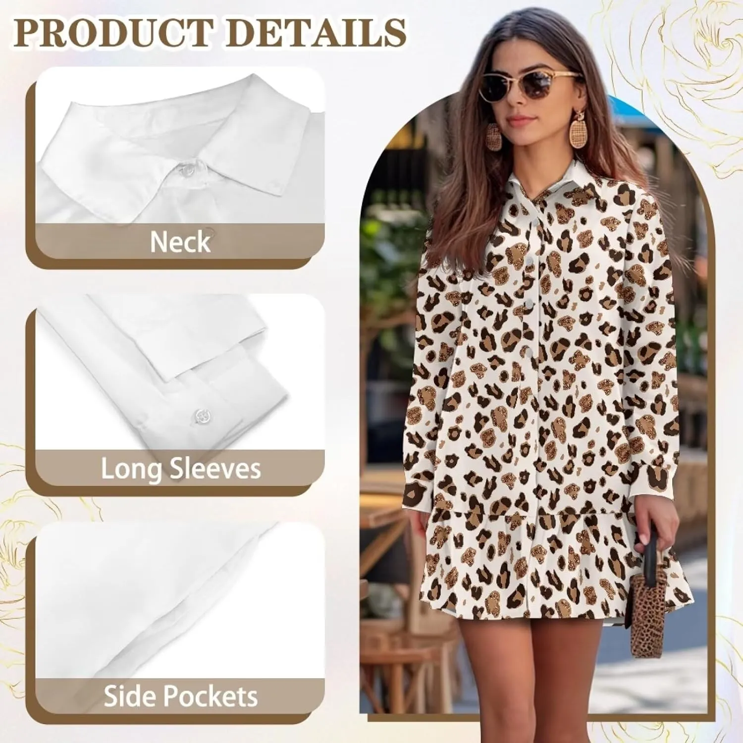 Women's Casual Shirt Mini Dress Long Sleeve Button Up Ruffle Hem Shift Dresses Loose Fashion Flowy Swing Hem
