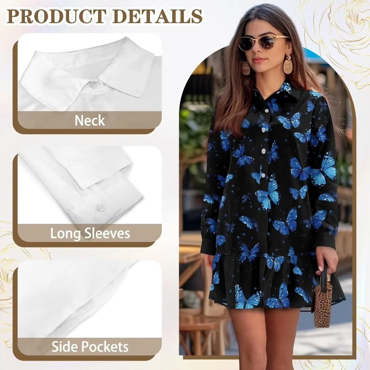 Women's Casual Shirt Mini Dress Long Sleeve Button Up Ruffle Hem Shift Dresses Loose Fashion Flowy Swing Hem