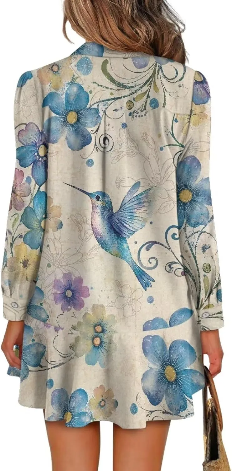 Women's Casual Shirt Mini Dress Long Sleeve Button Up Ruffle Hem Shift Dresses Loose Fashion Flowy Swing Hem
