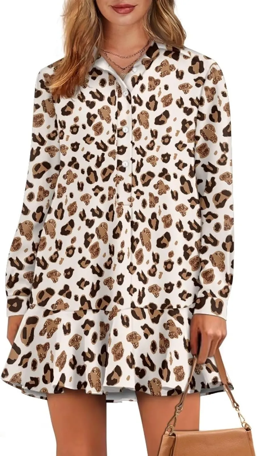 Women's Casual Shirt Mini Dress Long Sleeve Button Up Ruffle Hem Shift Dresses Loose Fashion Flowy Swing Hem