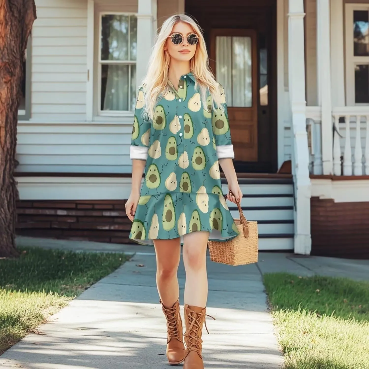 Women's Casual Shirt Mini Dress Long Sleeve Button Up Ruffle Hem Shift Dresses Loose Fashion Flowy Swing Hem