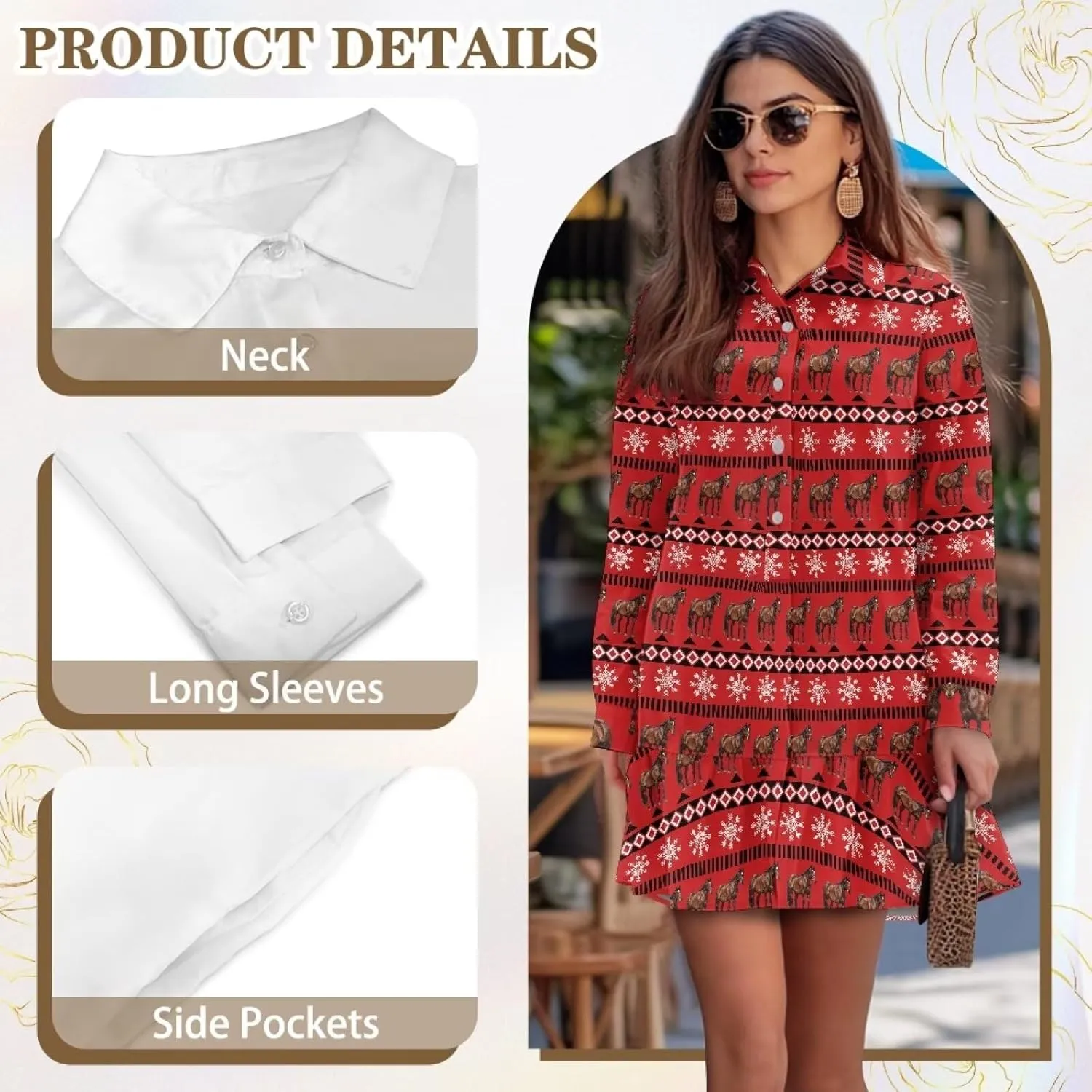 Women's Casual Shirt Mini Dress Long Sleeve Button Up Ruffle Hem Shift Dresses Loose Fashion Flowy Swing Hem