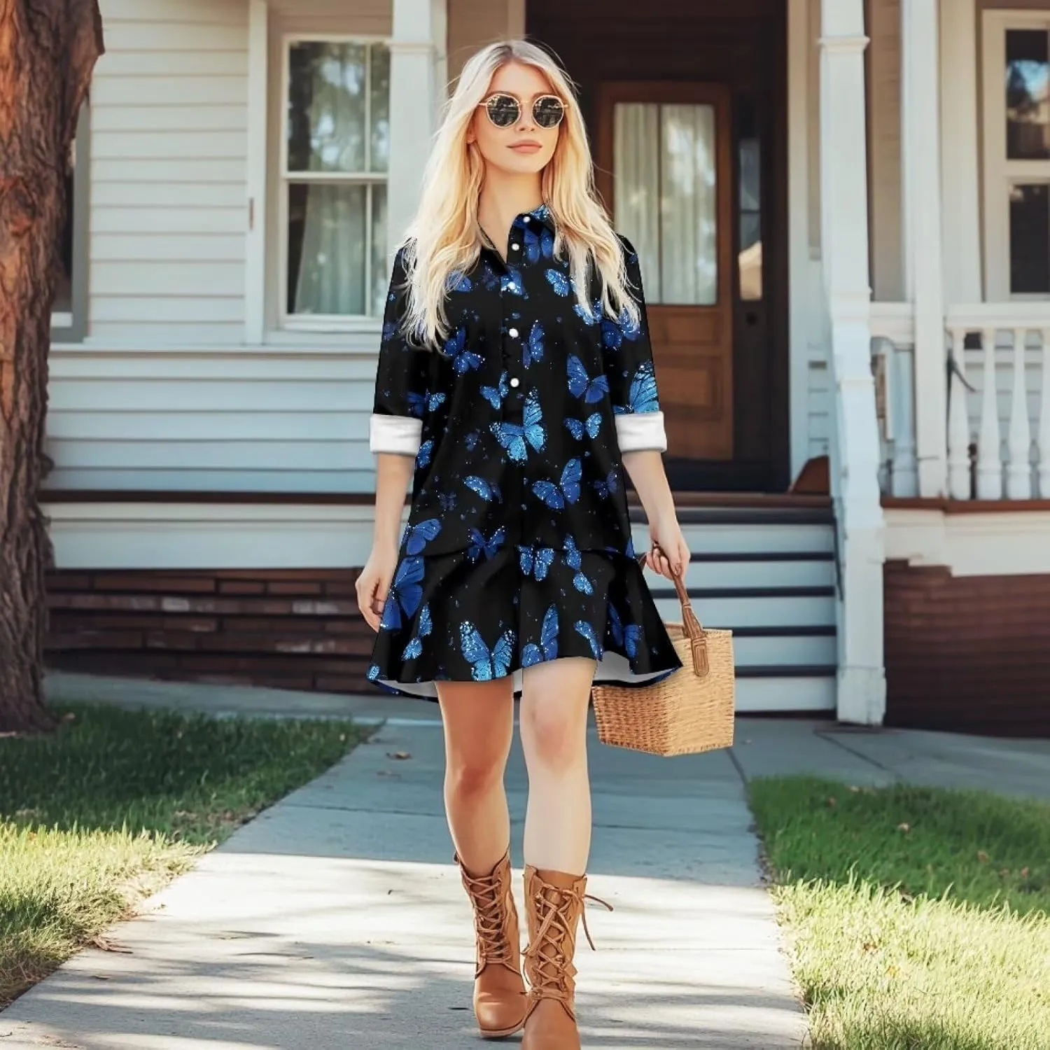 Women's Casual Shirt Mini Dress Long Sleeve Button Up Ruffle Hem Shift Dresses Loose Fashion Flowy Swing Hem