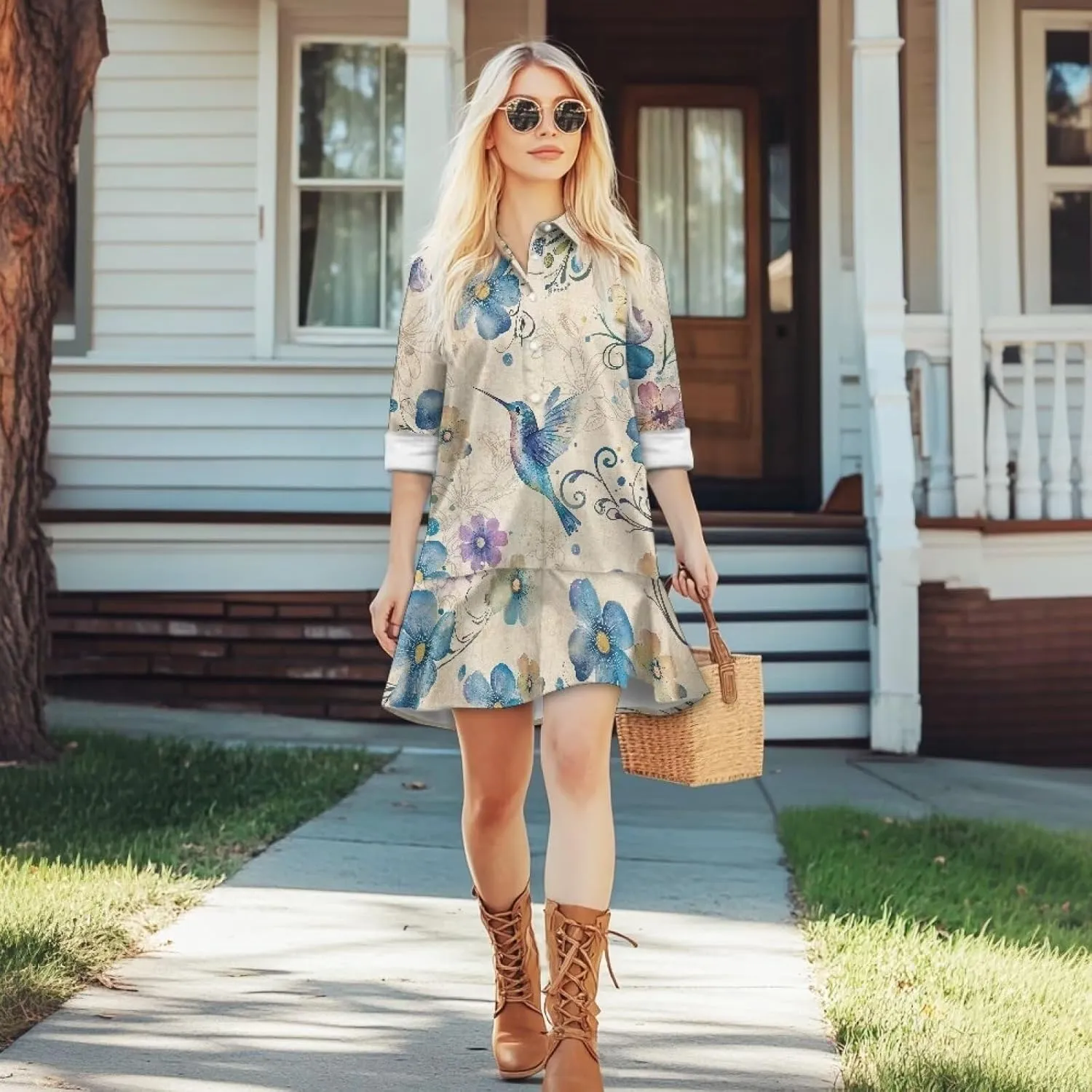 Women's Casual Shirt Mini Dress Long Sleeve Button Up Ruffle Hem Shift Dresses Loose Fashion Flowy Swing Hem