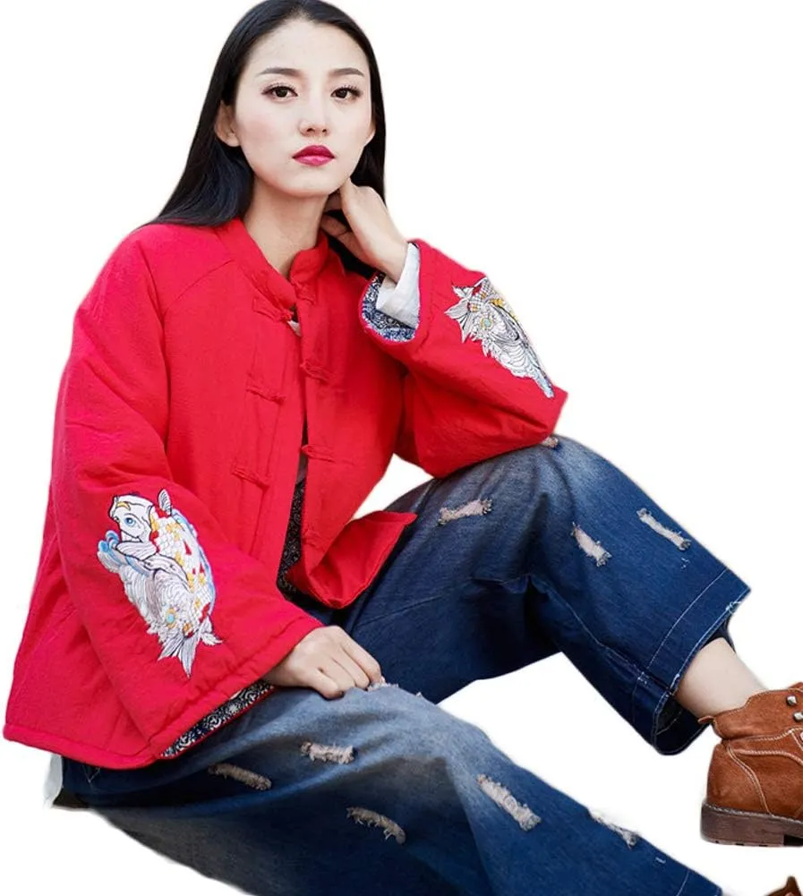 Women's Chinese Style Cotton Padded Coats Embroidered Tang Suit Jackets for Early Winter