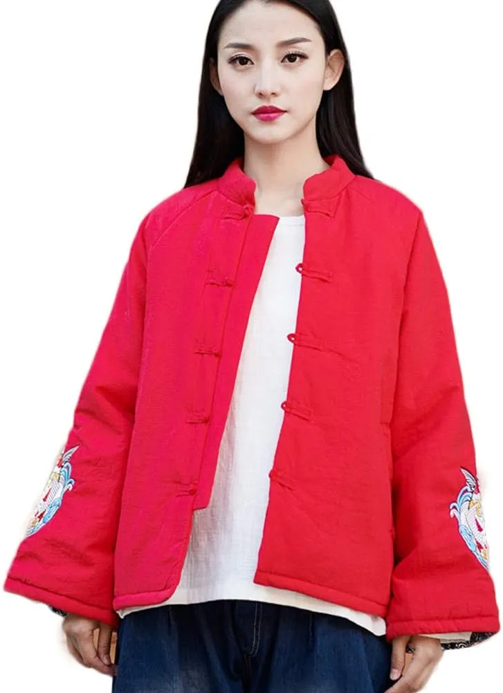 Women's Chinese Style Cotton Padded Coats Embroidered Tang Suit Jackets for Early Winter