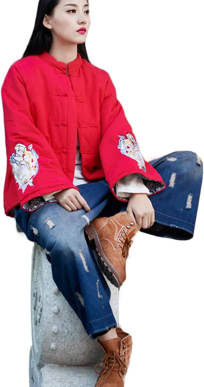 Women's Chinese Style Cotton Padded Coats Embroidered Tang Suit Jackets for Early Winter