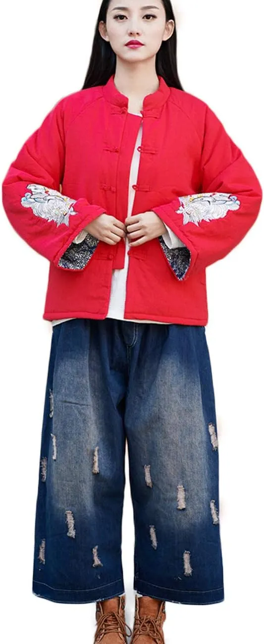 Women's Chinese Style Cotton Padded Coats Embroidered Tang Suit Jackets for Early Winter