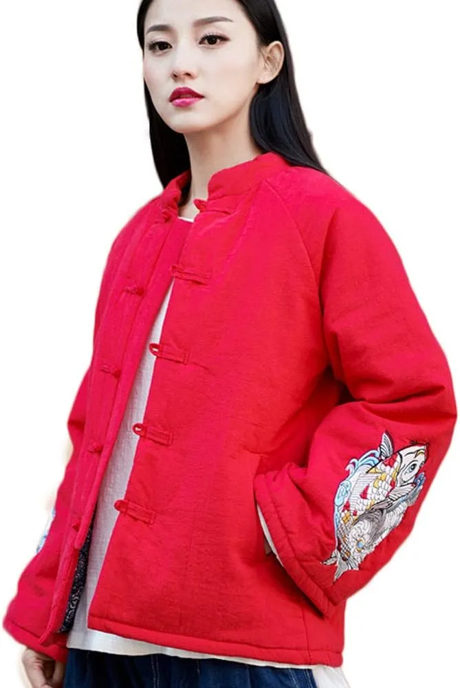 Women's Chinese Style Cotton Padded Coats Embroidered Tang Suit Jackets for Early Winter