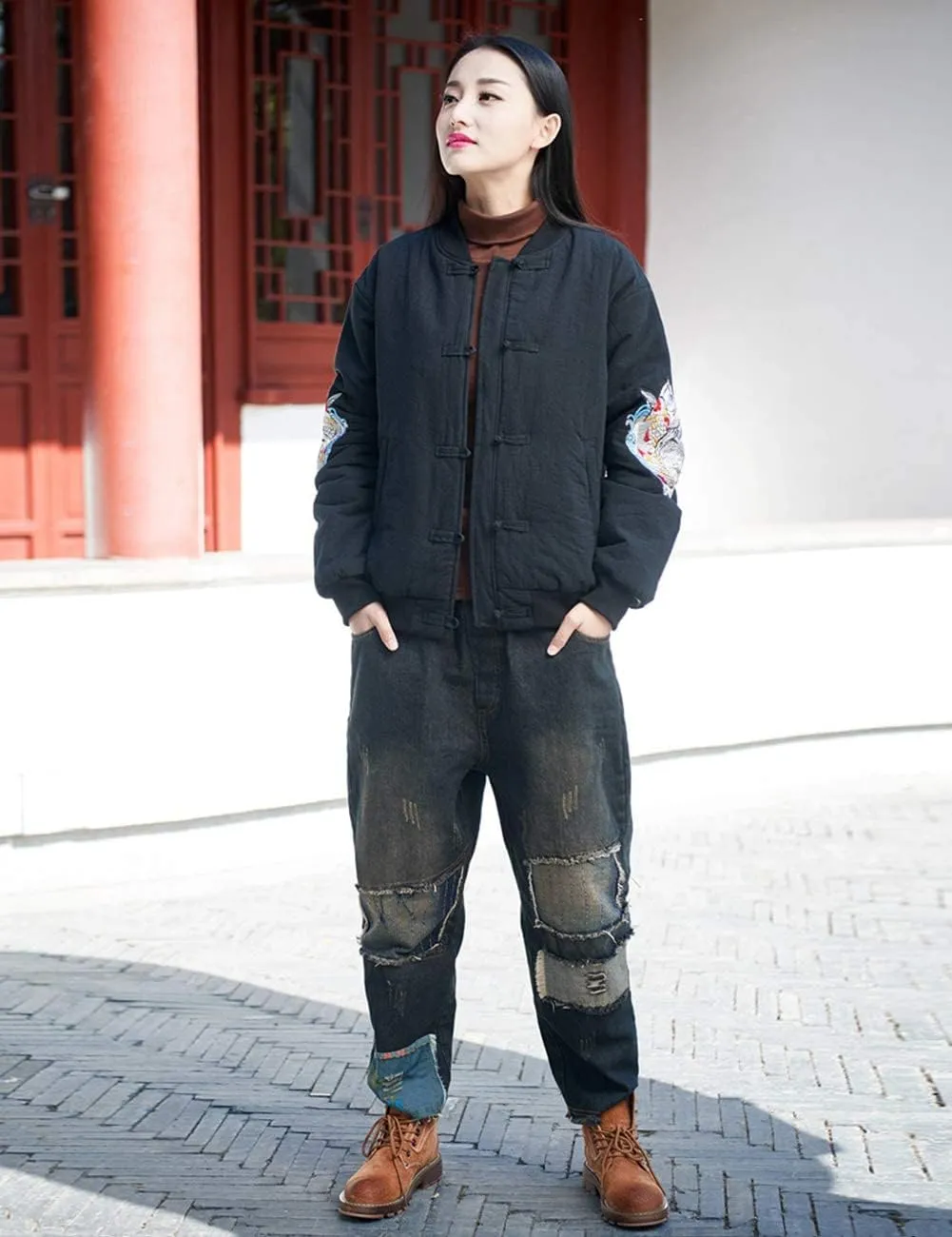 Women's Chinese Style Cotton Padded Coats Embroidered Tang Suit Jackets for Early Winter