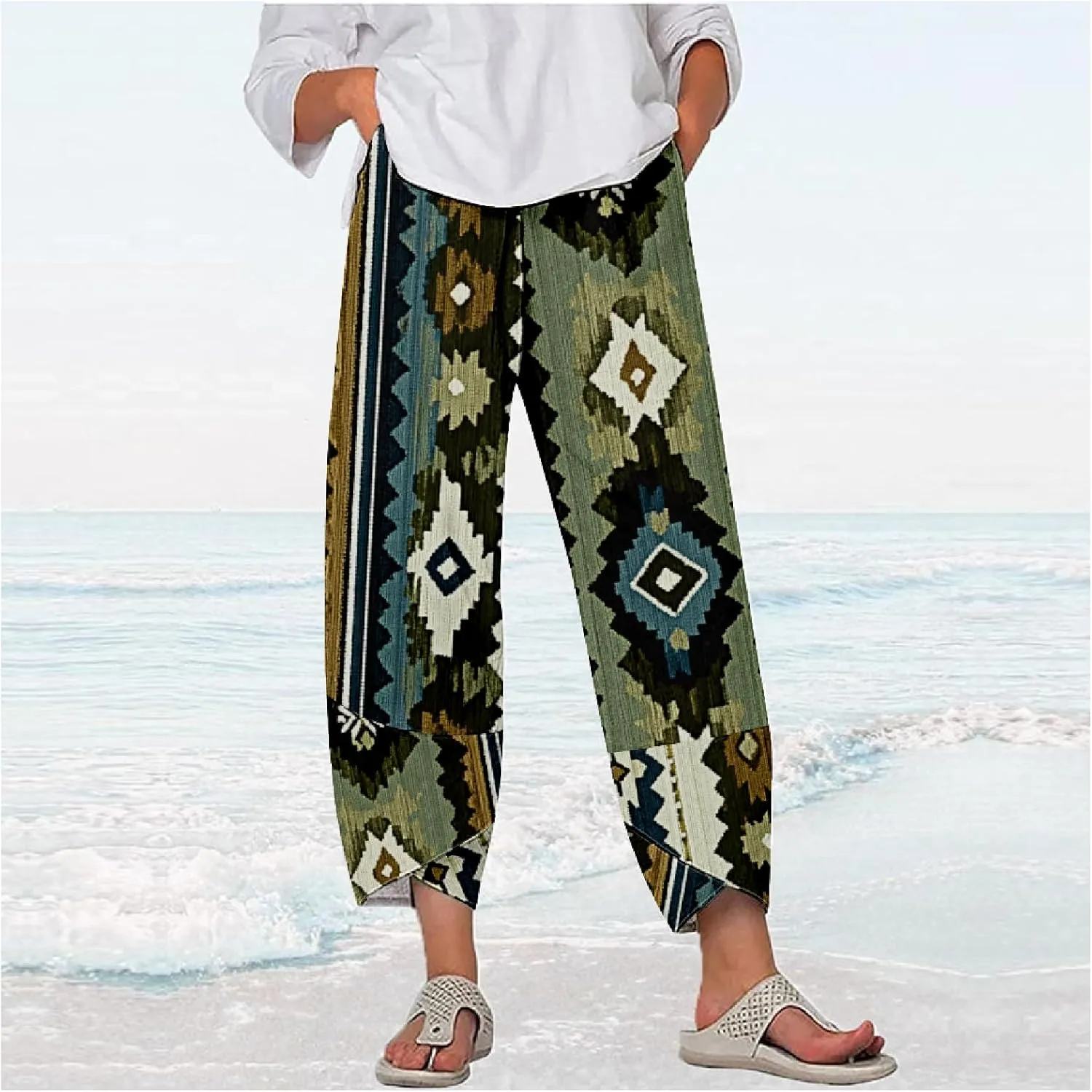 Womens Cotton Linen Blend High Waisted Capri Pants with Pockets Summer Elastic Waist Palazzo Lounge Baggy Trousers