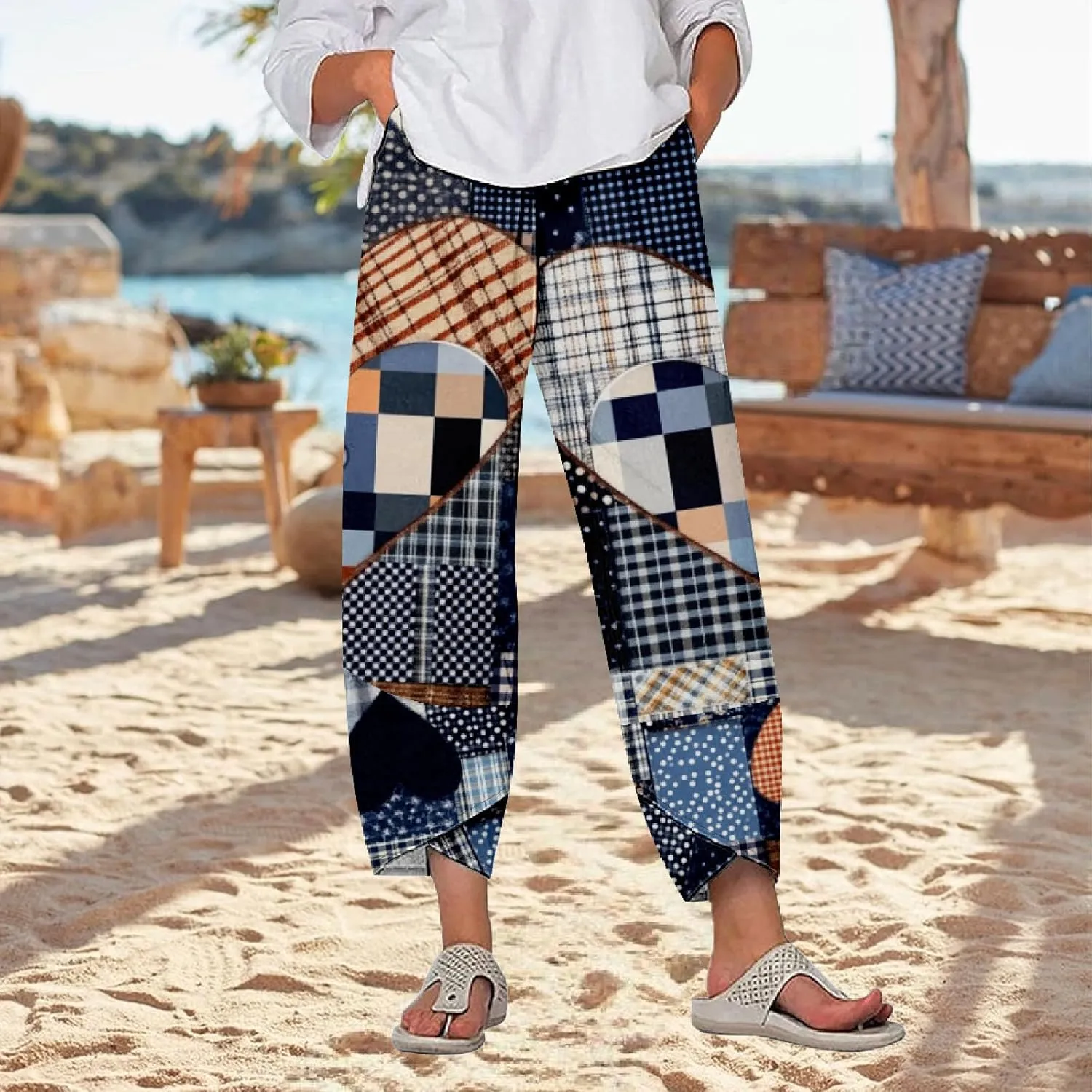 Womens Cotton Linen Blend High Waisted Capri Pants with Pockets Summer Elastic Waist Palazzo Lounge Baggy Trousers