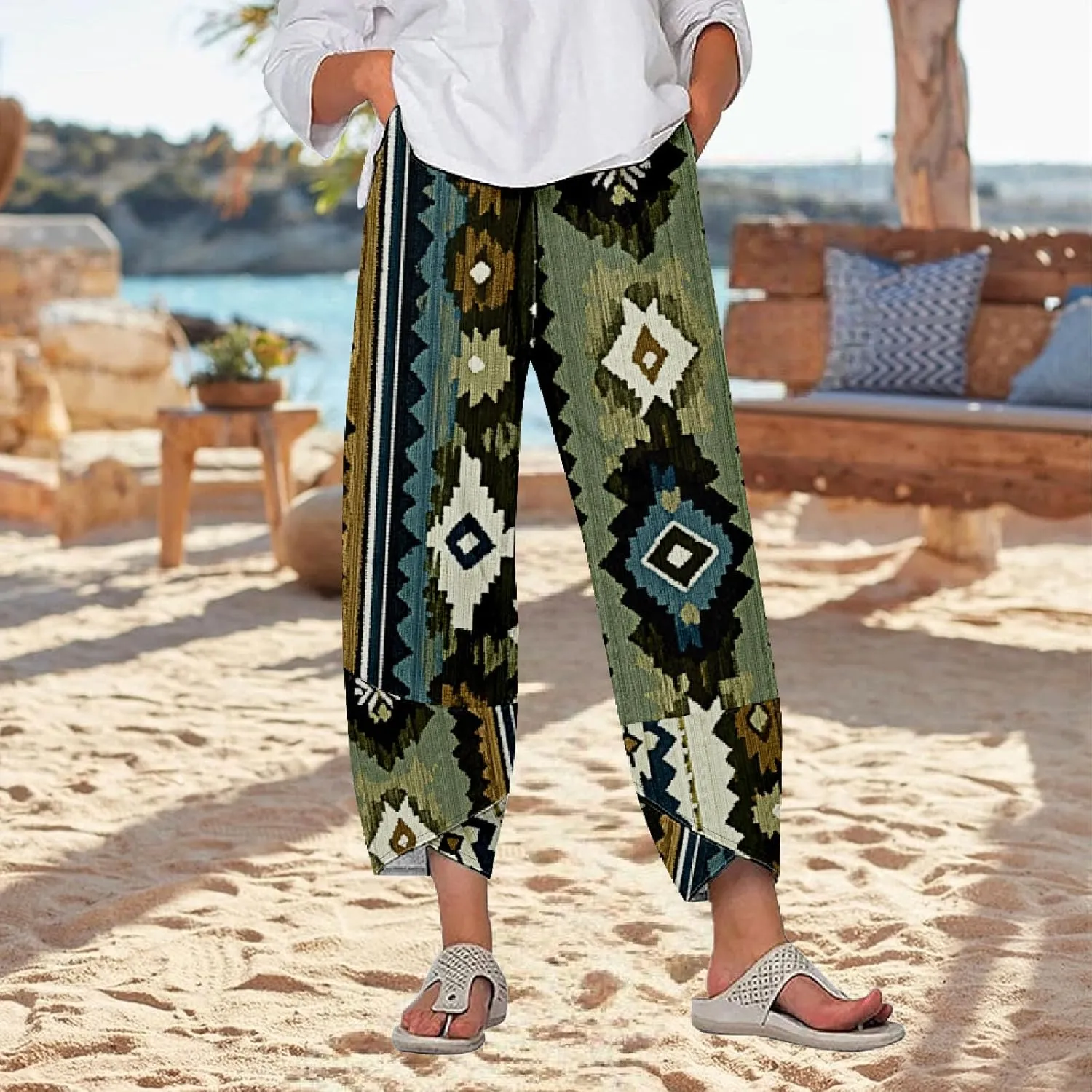 Womens Cotton Linen Blend High Waisted Capri Pants with Pockets Summer Elastic Waist Palazzo Lounge Baggy Trousers