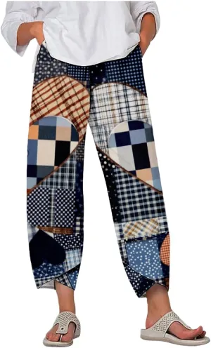 Womens Cotton Linen Blend High Waisted Capri Pants with Pockets Summer Elastic Waist Palazzo Lounge Baggy Trousers