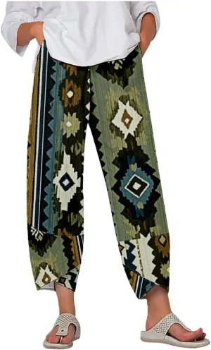 Womens Cotton Linen Blend High Waisted Capri Pants with Pockets Summer Elastic Waist Palazzo Lounge Baggy Trousers