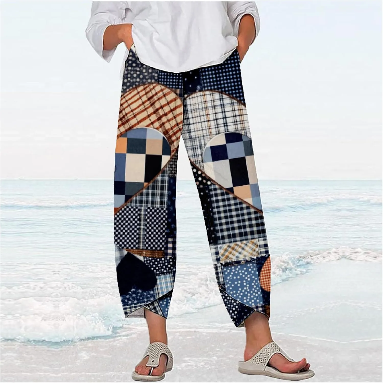 Womens Cotton Linen Blend High Waisted Capri Pants with Pockets Summer Elastic Waist Palazzo Lounge Baggy Trousers